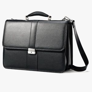 Samsonite leather flap over briefcase with shoulder strap and key